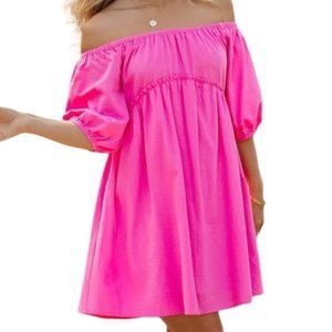 VICI CONNAH COTTON POCKETED OFF THE SHOULDER DRESS - PINK SMALL New without tags